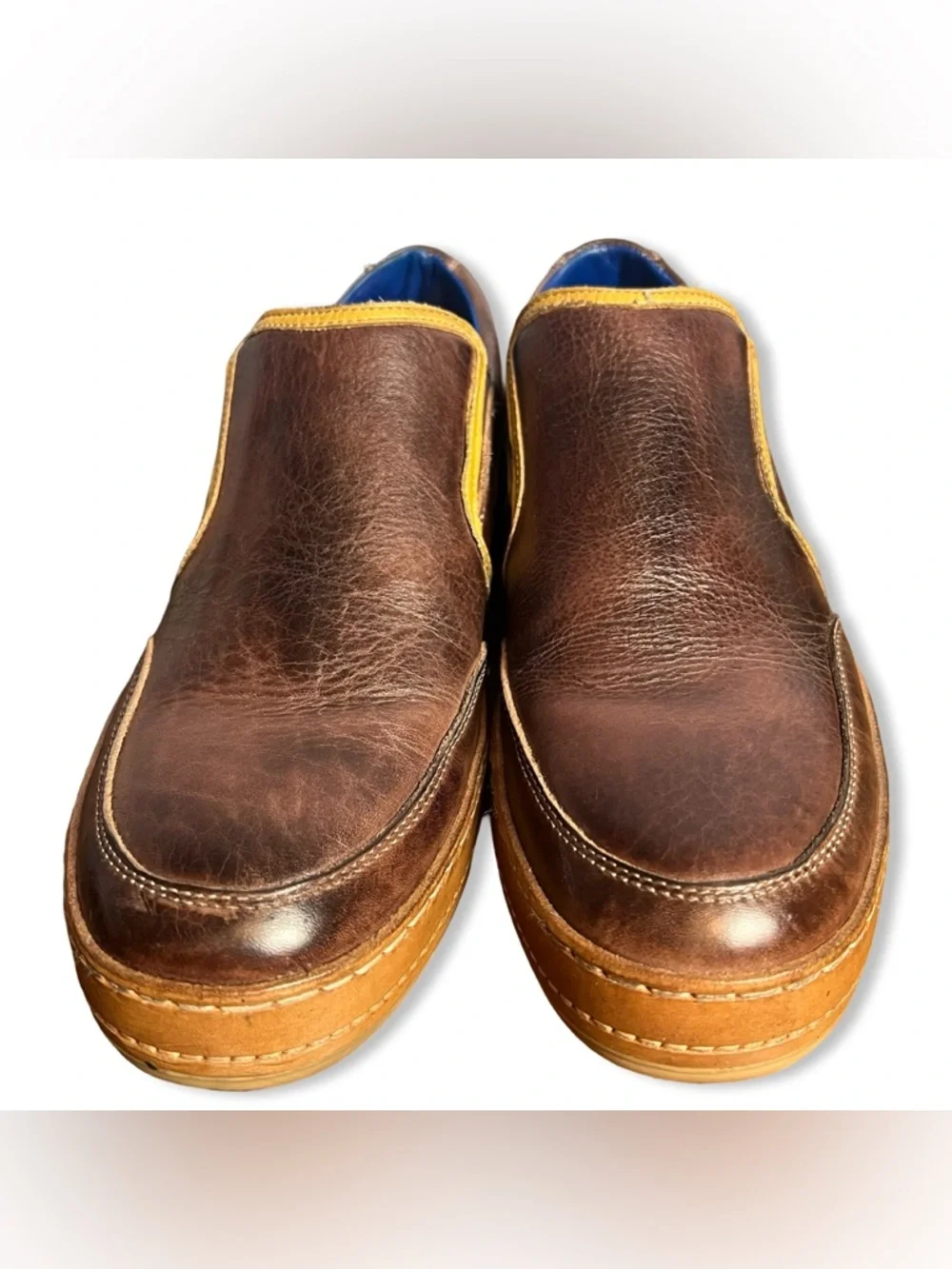 Bed Stu Workshop Freestyle Leather Slip-On‎ Loafer Brown Yellow Blue Sz 9